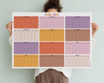 Agenda académica mural grande 2026-2027 / Estilo bohemio / Calendario mural anual / Planificador mensual / Vista anual / Horizontal (inicio lunes/domingo)