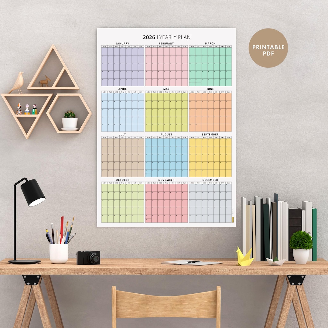2026 Yearly Wall Calendar Printable | Pastel Monthly Grid Wall Planner