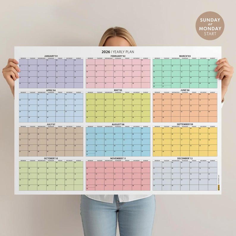 2026 Wall Planner | Monthly Grid Calendar | Sunday & Monday Start ...