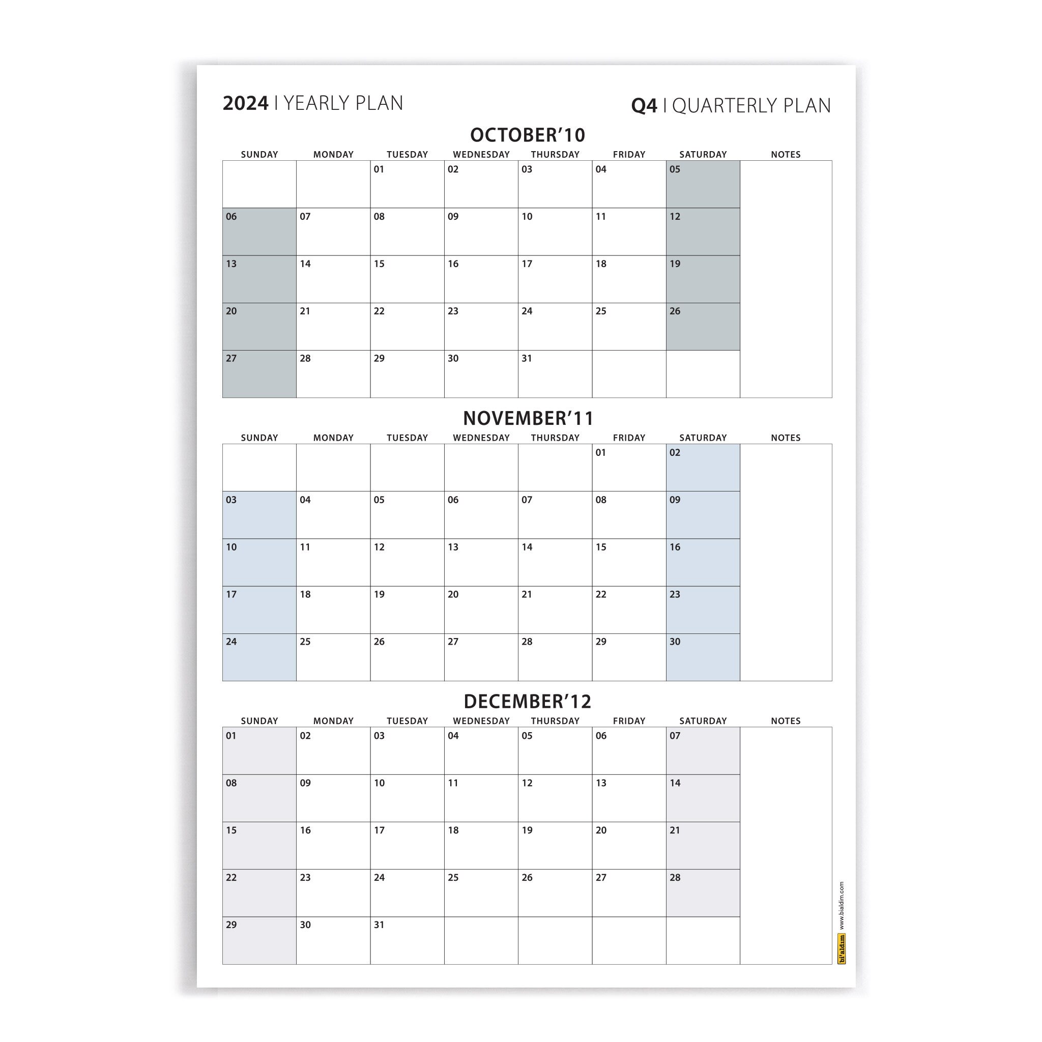 Printable Q4 2024 Quarterly Wall Calendar, October-december, SUNDAY Start, Quarterly Plan, 90 ...