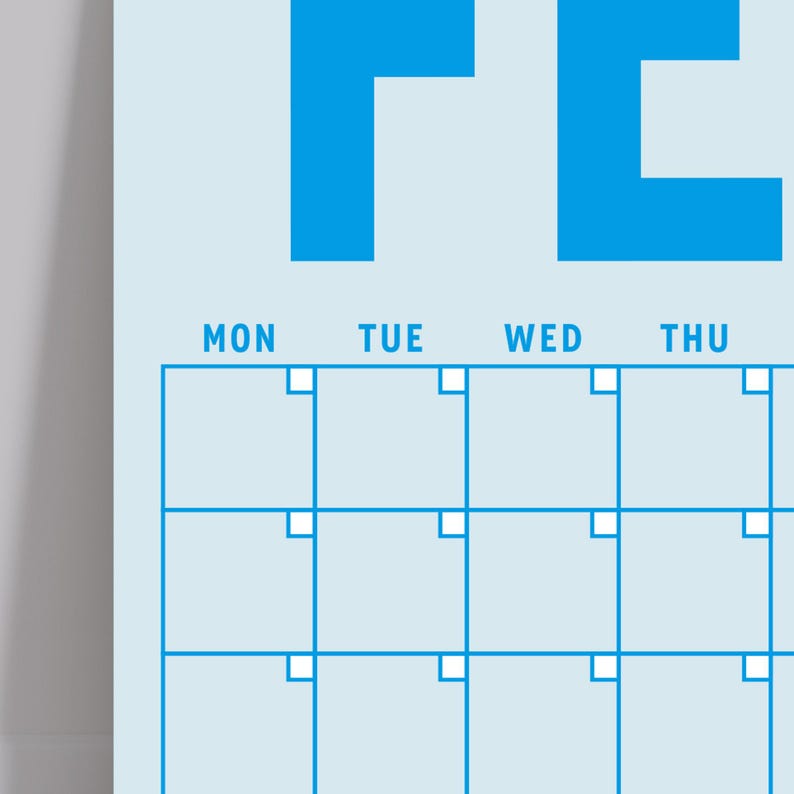 May include: A blue calendar with the word "Feb" at the top and the days of the week labeled "Mon", "Tue", "Wed", and "Thu".