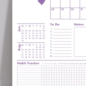 May include: A close-up of a planner page with sections for June and August calendars, to-do lists, notes, and a habit tracker. The layout is white with purple accents. The calendar includes dates and days of the week.