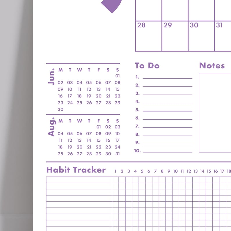 May include: A close-up of a planner page with sections for June and August calendars, to-do lists, notes, and a habit tracker. The layout is white with purple accents. The calendar includes dates and days of the week.