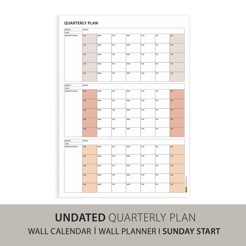 Undated Quarterly Wall Calendar, SUNDAY Start, Quarterly Planner, 90 ...