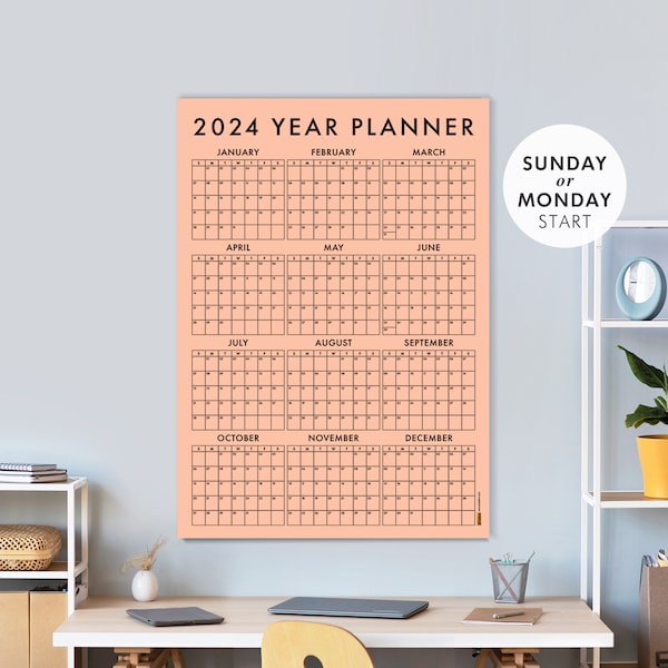 SALMON Color Special Paper, 2024 Wall Calendar, Year Wall Planner, Annual Planner, Monthly Planner, Family Planner, MONDAY or SUNDAY Start