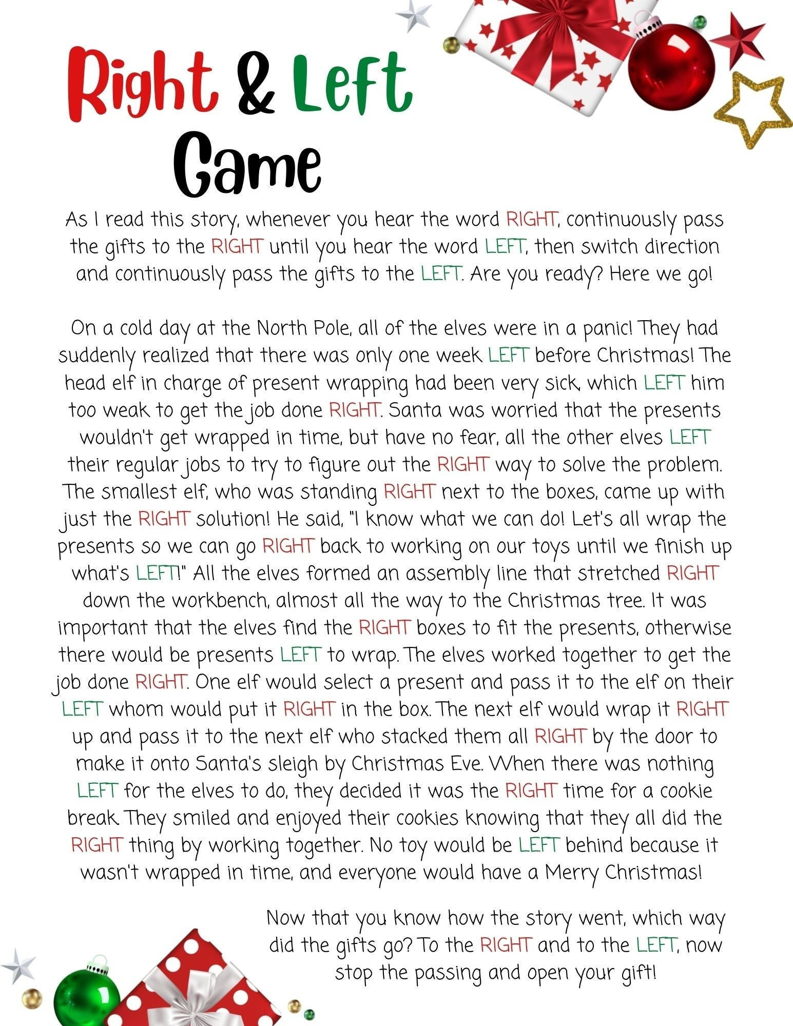 Right & Left Christmas Game - Etsy
