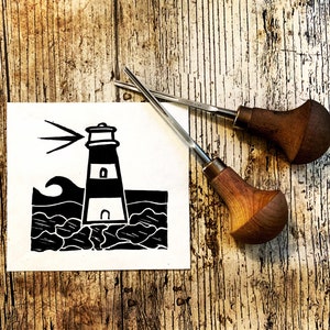 Lighthouse - Linocut Mini Print - Small Art, Seaside Art