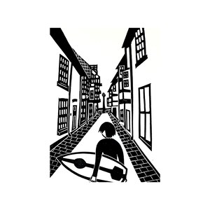 Surf Days #3 - Linocut Print / Relief Print - Jetty Street Cromer - Surfboard / Surfing - Surfing Art - Surfing Print