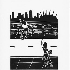 Yeah! - Linocut Print - Skateboarder Skater Girl - Skate Art - Skater Gift