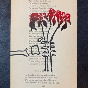 Flowers - Carpe Diem - Linocut Print over Book Pages from Robert Frost poems.