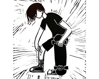 Stampa linoleografica skater - Arte dello skateboard fatta a mano (A4)