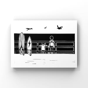 Surf Art - Waiting It Out - Linocut Print - Surf Print, Surf Poster, Surfer Gift