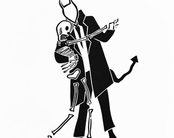 Original Art - Linocut Print - Handprinted - Dancing With The Devil - Dancing, Devil, Skeleton