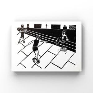 Gift for roller skater - Hanging Out - Linocut Print - Roller Skates - Roller Skating