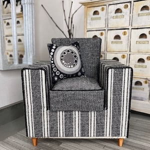 Miniature Dollhouse Chair w/one Pillow, 1:12 Scale, OOAK, Collectible, Upholstered, Artisan Handmade, Gray and White