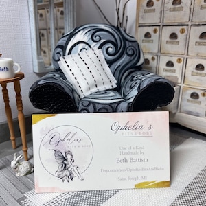Miniature Dollhouse Chair w/one Pillow. Black, Gray and White. Upholstered, Artisan Handmade, OOAK, 1:12 Scale, Collectible.