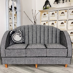 Miniature Dollhouse Sofa w/one Pillow, 1:12 Scale, OOAK, Collectible, Upholstered, Artisan Handmade, Gray