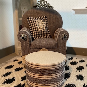 Dollhouse Miniature Chair & Ottoman set, OOAK, 1:12 Scale, Collectible, Upholstered, Artisan Handmade, Gray, White and Black Comfy Chair