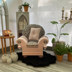 Miniature Dollhouse Chair w/one pillow. 1:12 Scale, OOAK, Upholstered, Collectible, Artisan Handmade, Pink, Gray and White