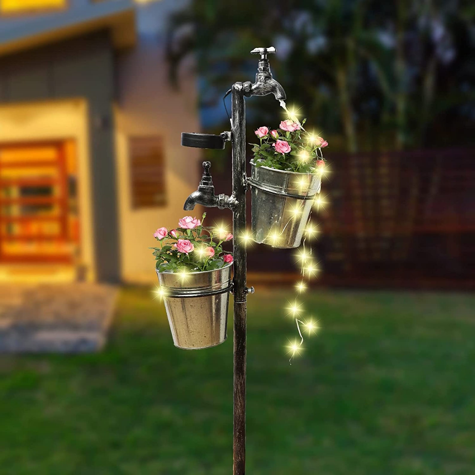 Solar Faucet Garden Stake with Two Planters Led Lights Flowing Etsy