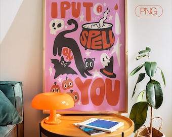 Retro Halloween Art Print – Witchy Cats, Pumpkins (Digital Download)