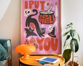 Retro Halloween Print – Spooky Witchy Wall Art, Autumn Decor