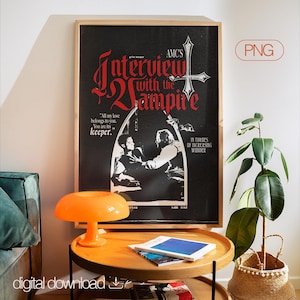May include: A framed poster featuring the title "Interview with the Vampire" in red and white on a black backdrop. The poster includes an image of two figures and the text "All my love belongs to you. You are its keeper."