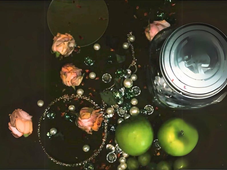 Peut inclure: Une nature morte avec un bocal en verre avec un couvercle en forme de cr&acirc;ne, deux pommes vertes, un collier en cha&icirc;ne dor&eacute;e avec des perles et plusieurs roses roses sur un fond sombre.