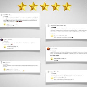 Peut inclure: Cinq &eacute;toiles pour un service avec des commentaires positifs sur le service et le service client. Les avis sont affich&eacute;s sur un fond gris avec une note de cinq &eacute;toiles dor&eacute;es.