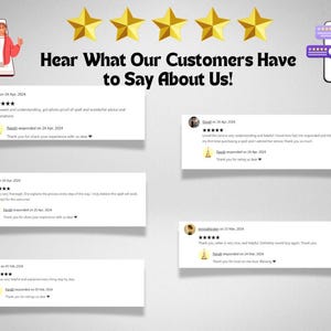 Peut inclure: Cinq &eacute;toiles dor&eacute;es avec le texte "Hear What Our Customers Have to Say About Us!" en dessous.  Il y a quatre avis clients avec cinq &eacute;toiles chacun, et un avis client avec quatre &eacute;toiles.  Chaque avis comprend le nom du client, la date de l'avis et le texte de l'avis.  Chaque avis comprend &eacute;galement une r&eacute;ponse du vendeur.