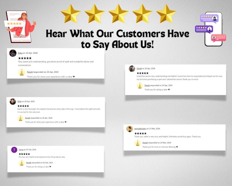 Peut inclure: Cinq &eacute;toiles dor&eacute;es avec le texte "Hear What Our Customers Have to Say About Us!" en dessous.  Il y a quatre avis clients avec cinq &eacute;toiles chacun, et un avis client avec quatre &eacute;toiles.  Chaque avis comprend le nom du client, la date de l'avis et le texte de l'avis.  Chaque avis comprend &eacute;galement une r&eacute;ponse du vendeur.