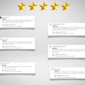 Peut inclure: Cinq avis cinq &eacute;toiles avec du texte faisant l'&eacute;loge du service client et des produits d'une entreprise. Les avis sont affich&eacute;s sur des cartes blanches avec une note de cinq &eacute;toiles dor&eacute;es.