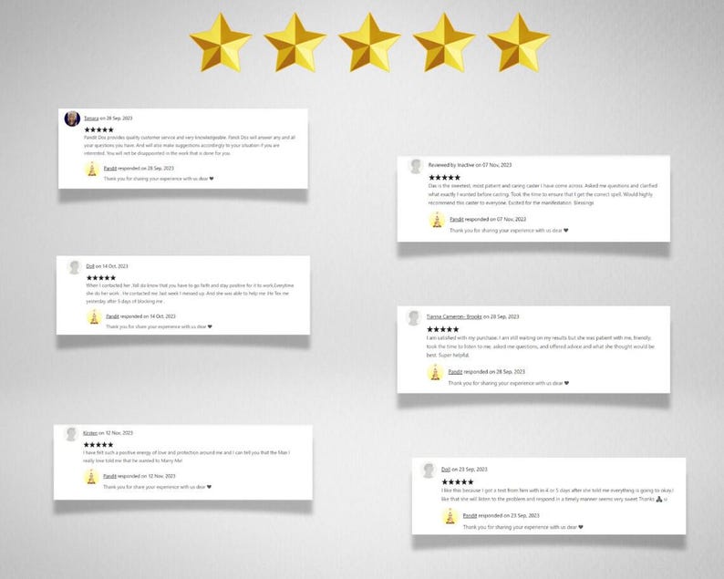Peut inclure: Cinq avis cinq &eacute;toiles avec du texte faisant l'&eacute;loge du service client et des produits d'une entreprise. Les avis sont affich&eacute;s sur des cartes blanches avec une note de cinq &eacute;toiles dor&eacute;es.