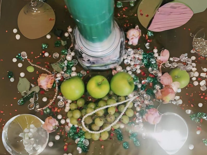 Peut inclure: Une bouteille en verre vert avec un couvercle blanc est pos&eacute;e sur une table entour&eacute;e de perles vertes et blanches, de perles et de pommes vertes. On y trouve &eacute;galement des fleurs roses et un tissu ray&eacute; rose et blanc.