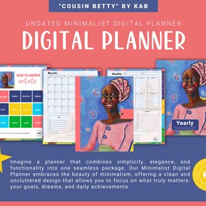 May include: A digital planner with a minimalist design featuring a colorful illustration of a woman with a pink headwrap. The planner includes monthly, weekly, and yearly views. The text "KAB PLANNER contents" is visible on the planner.