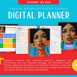 Może przedstawiać: Cyfrowy planer z tekstem "DIGITAL PLANNER" i "DIONNE BY KAB". Planer przedstawia portret kobiety z niebieskimi oczami i pomarańczowymi kolczykami. Planer zawiera sekcje do celów, miesięcznego i tygodniowego planowania.
