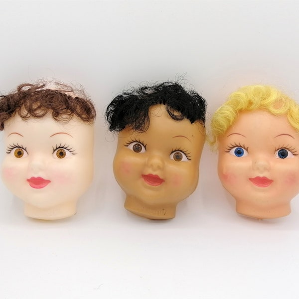 Half Doll Faces with Hair | Set of 3 | 1970s Vintage Wall Decoration | Doll Parts