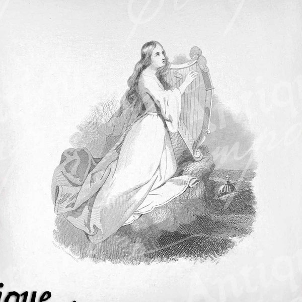 Vintage Harp Printable - Woman Playing Harp Clip Art - Musical lnstrument Sublimation - Antique Harp Art Print - Instant Download