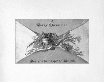 Kitten Clip Art - Vintage Christmas Printable - Holiday Envelope Sublimation - Antique Christmas Art Print