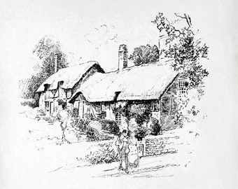 Cottage Clip Art - Vintage England Printable - English Cottage Sublimation - Antique Buildings Art Print