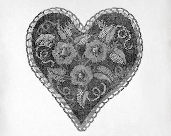 Heart Clip Art - Vintage Valentine Printable - Embroidered Heart Sublimation - Antique Valentine&#39;s Day Art Print