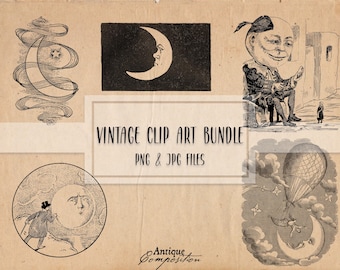 Moon Clip Art Bundle - Vintage Moon Printable - Sublimación de luna - Diseño nocturno antiguo