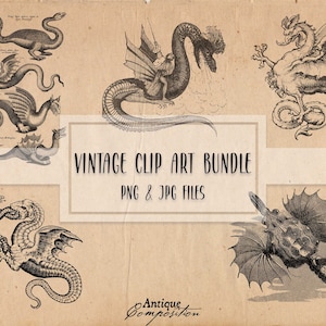 Dragon Clip Art Bundle - Vintage Dragon Printable - Dragons Sublimation - Antique Fantasy Designs
