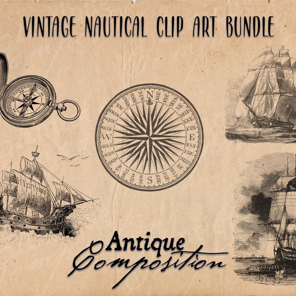 Nautical Clip Art Bundle - Vintage Ship Printable - Ship and Compass Sublimation - Antique Nautical Design