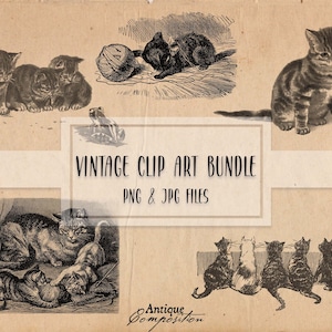 Kätzchen Clip Art Bundle - Vintage Katze Printable - Kätzchen Sublimation - Antikes Haustier Design