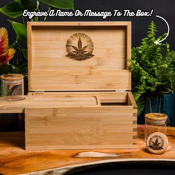 Personalised Custom Rolling Stash Box Kit, Real Wood Engraving, One Leaf, Smoke Box Gift Set, Matching Grinder, Tray, And Jar