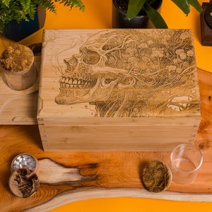 Personalised Custom Rolling Stash Box Kit, Real Wood Engraving, breathing Skull, Smoke Box Gift Set, Matching Grinder, Tray, And Jar image 6