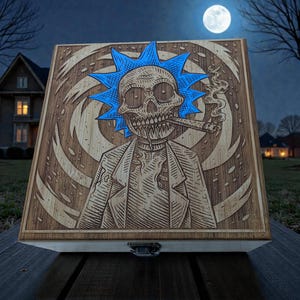 Gravure personnalisée, Rick Zoombie, boîte à roulettes en bois personnalisée, plateau et bocal en verre