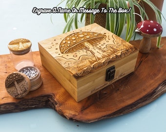 Kit personnalisé de boîte de rangement à roulettes personnalisée, gravure sur bois véritable, champi de terre, coffret cadeau boîte à fumée, broyeur, plateau et bocal assortis