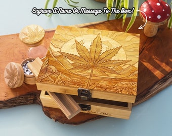 Personalised Custom Rolling Stash Box Kit, Real Wood Engraving, Sun Plant, Smoke Box Gift Set, Matching Grinder, Tray, And Jar